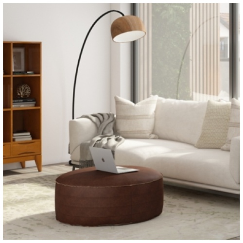 Simpli Home Brody Round Coffee Table Pouf, Distressed Dark Brown