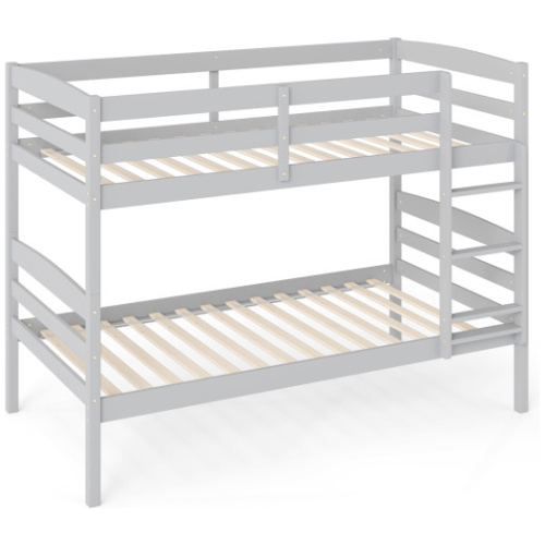 Solid Wood Twin Over Twin Bunk Bed Frame with High Guardrails and Integrated Ladder-Gray