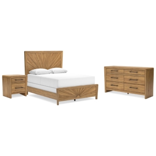 Takston Queen Panel Bed with Dresser and Nightstand, Light Brown