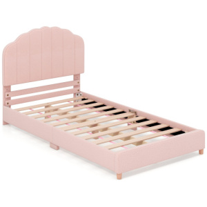 Twin Bed Frame with Height-Adjustable Headboard and Sturdy Wooden Slats-Pink