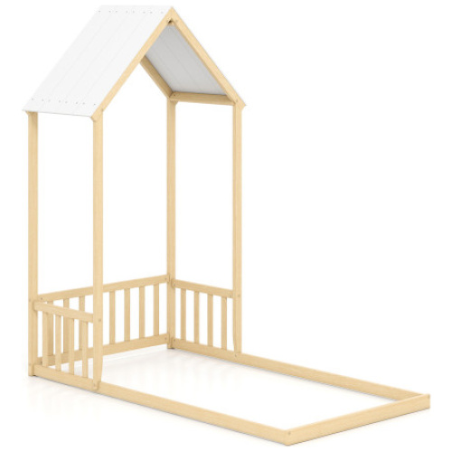 Twin Size House Bed with House Shape Roof and Semi-Fence-Natural