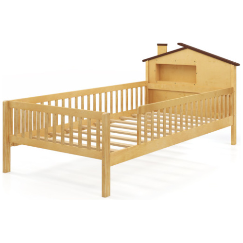 Twin Size Kids Montessori Bed with House-Shaped Headboard and Built-in Storage Shelf-Natural
