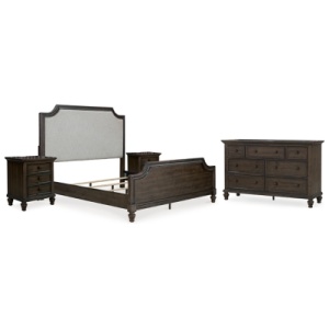 Veramond California King Upholstered Panel Bed with Dresser and 2 Nightstands, Dark Brown