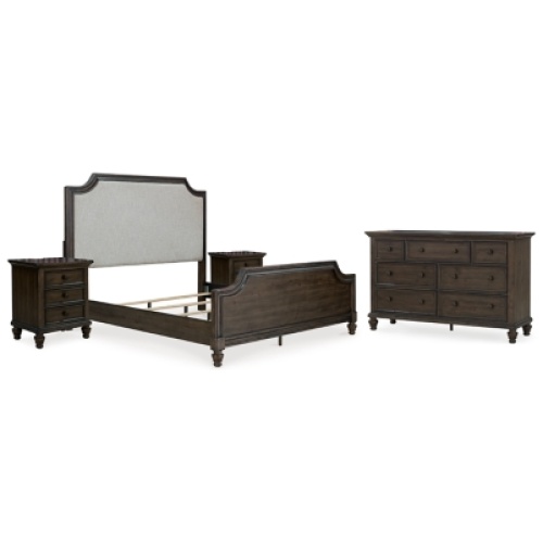 Veramond California King Upholstered Panel Bed with Dresser and 2 Nightstands, Dark Brown