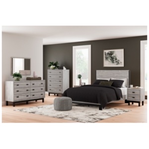 Vessalli Queen Panel Bed with Mirrored Dresser, Chest and 2 Nightstands, Gray