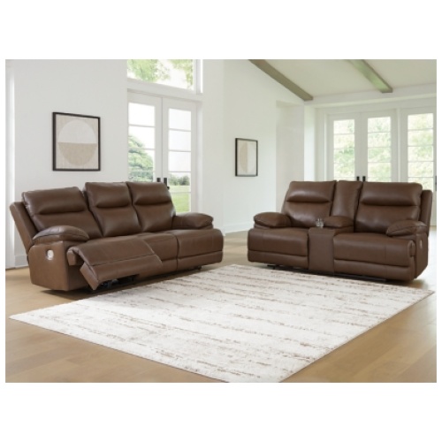 VonRyan Dual Power Leather Reclining Sofa and Loveseat, Tobacco