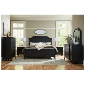 Welltern California King Panel Bed with Mirrored Dresser, Chest and 2 Nightstands, Black