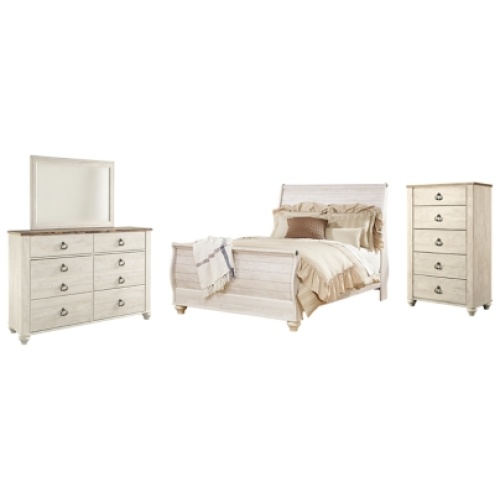 Willowton Queen Sleigh Bed with Mirrored Dresser and Chest, Whitewash