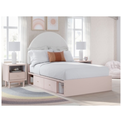 Wistenpine Full Upholstered Panel Bed with 2 Storage Drawers and 2 Cubbies, Blush