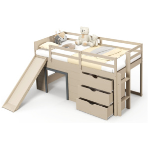 3-In-1 Twin Loft Bed with Slide Ladder Drawers for Kids Teens-Beige