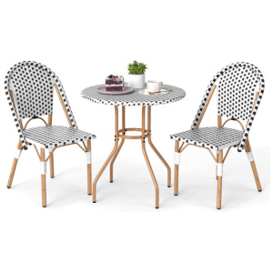 3 Piece French Bistro Table Chair Set with Outdoor Wicker Round Table and 2 Dining Chairs