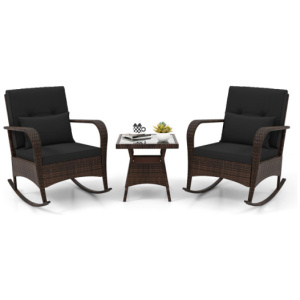 3 Pieces Outdoor Rocking Chair Set with Tempered Glass Coffee Table Black