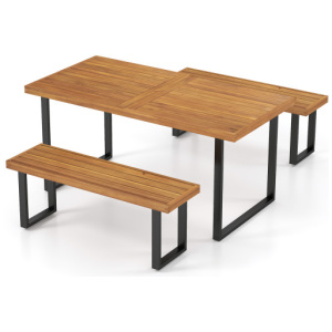 3 Pieces Patio Dining Table Set 63" Rectangle Table and 2 Backless Bench