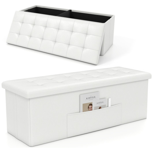 43 Inches Folding Storage Ottoman Bench Foot Rest Stool End of Bed Bench-White