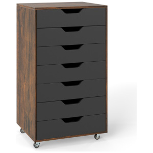 7-Drawer Chest Wooden Storage Dresser with Lockable Wheels-Rustic Brown