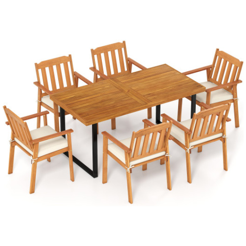 7 Pieces Patio Dining Table Set 63" Rectangle Table and 6 Acacia Wood Armchairs