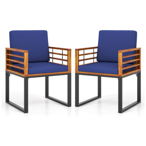 Acacia Wood Outdoor Dining Chairs Set of 2 with Soft Cushions-Navy