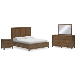 Cabalynn King Panel Bed with Storage with Mirrored Dresser and Nightstand, Light Brown