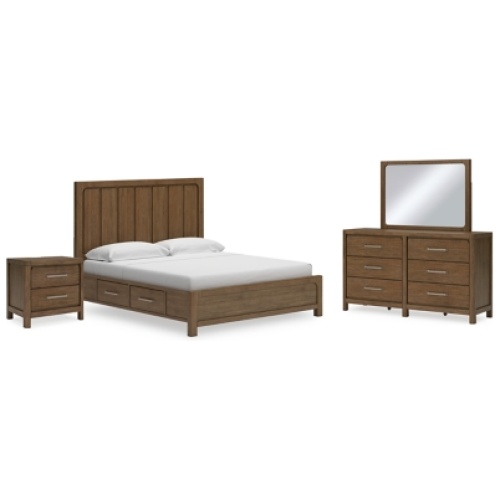 Cabalynn King Panel Bed with Storage with Mirrored Dresser and Nightstand, Light Brown