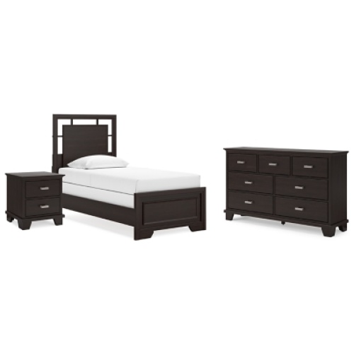 Covetown Twin Panel Bed with Dresser and Nightstand, Dark Brown