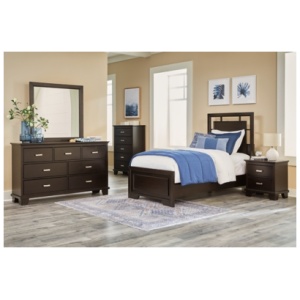Covetown Twin Panel Bed with Mirrored Dresser, Chest and 2 Nightstands, Dark Brown