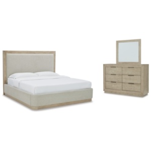 Hennington Queen Upholstered Bed with Mirrored Dresser, Bisque