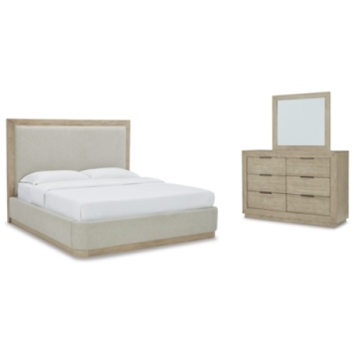 Hennington Queen Upholstered Bed with Mirrored Dresser, Bisque