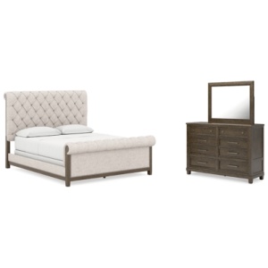 Hillcott California King Upholstered Bed with Mirrored Dresser, Dark Brown