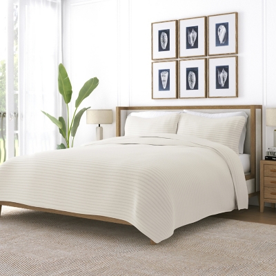 Ienjoy Home All Season 3 Piece King/California King Stripe Stitch Quilt Set with Shams, Natural