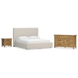 Kristiland California King Upholstered Storage Bed with Dresser and Nightstand, Light Brown