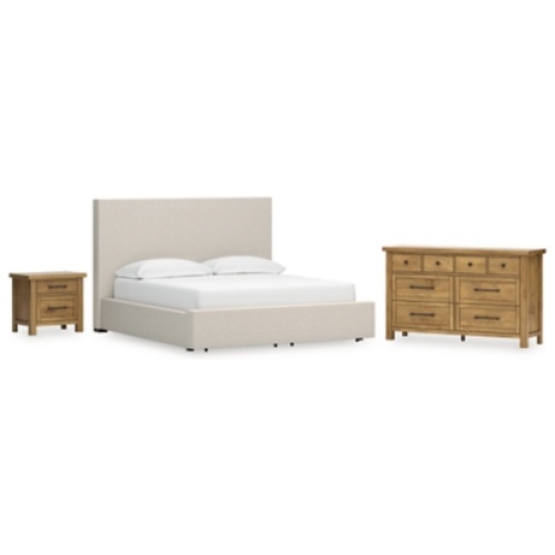 Kristiland California King Upholstered Storage Bed with Dresser and Nightstand, Light Brown