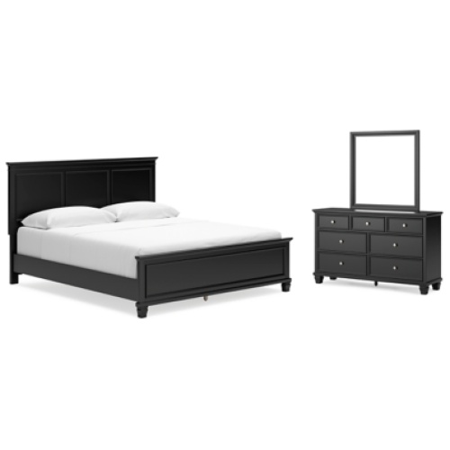 Lanolee California King Panel Bed with Mirrored Dresser, Black