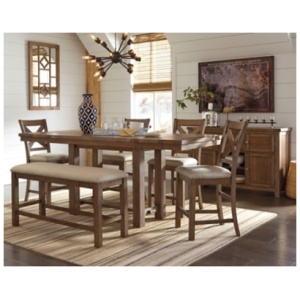 Moriville Counter Height Dining Table and 4 Barstools and Bench with Storage, Grayish Brown