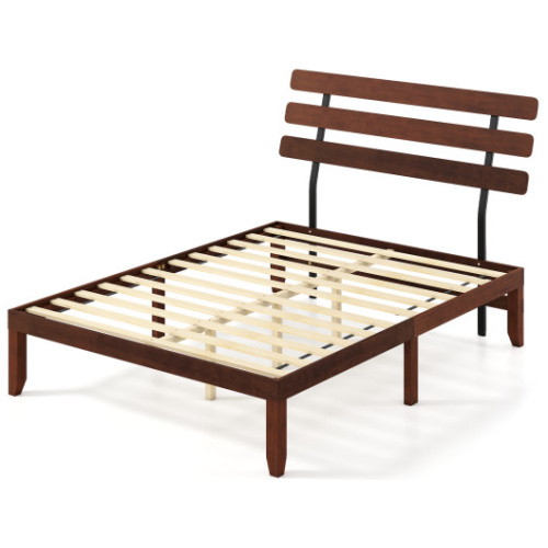Queen Size Bed Frame 15.5 Inch Solid Wood Platform Bed with Retro Headboard