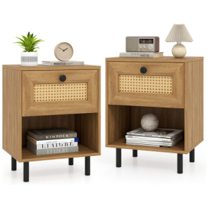 Rattan Nightstand Boho End Table with Rattan Drawer and Open Shelf Set of 2-Natural
