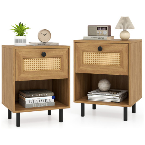 Rattan Nightstand Boho End Table with Rattan Drawer and Open Shelf Set of 2-Natural