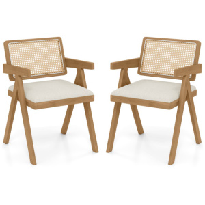 Set of 2 Rattan Accent Chairs with Padded Cushion and Rubber Wood Frame-Beige