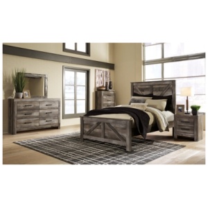 Wynnlow Queen Crossbuck Panel Bed with Mirrored Dresser and Chest, Gray