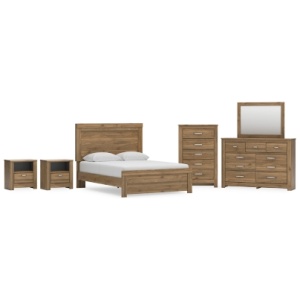 Zanbrook Queen Panel Bed with Mirrored Dresser, Chest and 2 Nightstands, Brown