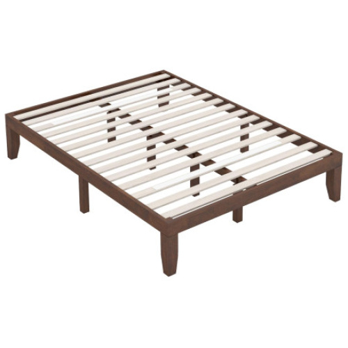 14 Inch Queen Size Rubber Wood Platform Bed Frame with Wood Slat Support-Walnut