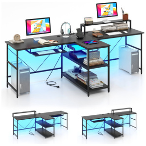 2-Person Reversible Computer Desk Long Office Desk with LED Lights-Black