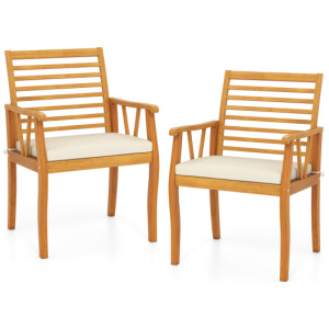 2 Pieces Patio Dining Chairs Outdoor Acacia Wood Armchairs Bistro Conversation Furniture-White
