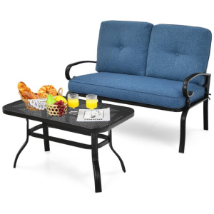 2 Pieces Patio Loveseat Bench Table Furniture Set with Cushioned Chair-Blue