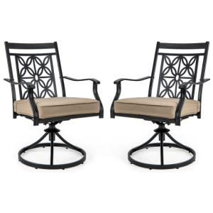 2 Pieces Patio Swivel Chairs with Blossom Pattern Backrest and Cushions-Black