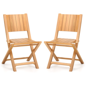 2 Pieces Teak Wood Outdoor Dining Chairs with Slatted Seat