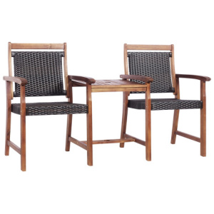 2-Seat Patio Rattan Acacia Wood Chair with Coffee Table