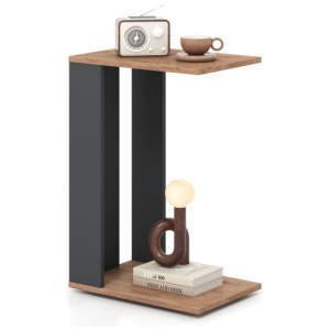 2-Tier C-Shaped Side Table with Universal Wheels and Shelf-Rustic Brown