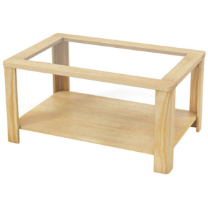 2-Tier Coffee Table Rectangular Center Table with Tempered Glass Tabletop and Storage Shelf-Natural