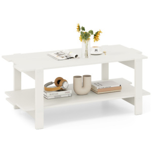 2-Tier Coffee Table Slatted Wood Center Table with Storage Shelf-White
