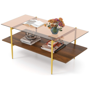 2-Tier Glass Coffee Table with Tampered Glass Tabletop and Open Storage Shelf-Brown